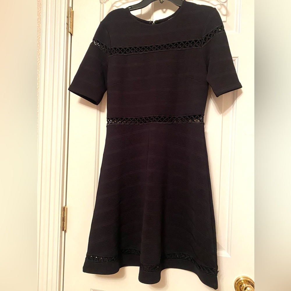 TOPSHOP Black Openwork Inset Fit and Flare Bandage Dress, Size 6
